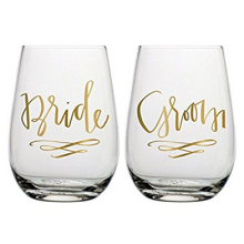 Haonai Bride Groom Wine Glass Set - Set of 2 Stemless Wine Glasses for Wedding Couple